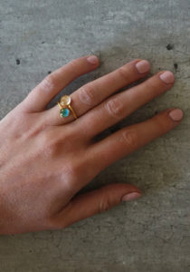 gold handmade mood ring with rose quartz crystal