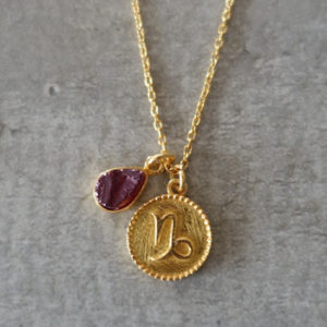 zodiac capricorn necklace with raw garnet crystal