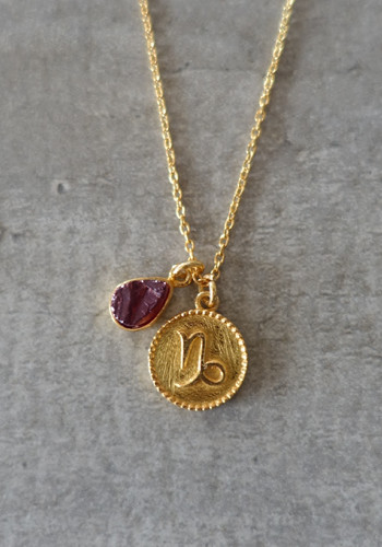 zodiac capricorn necklace with raw garnet crystal