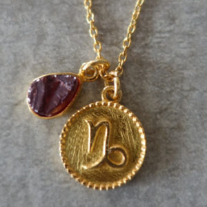 zodiac capricorn necklace with raw garnet crystal