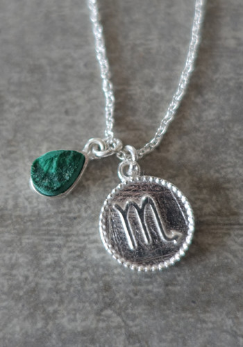 zodiac scorpio necklace with raw malachite crystal