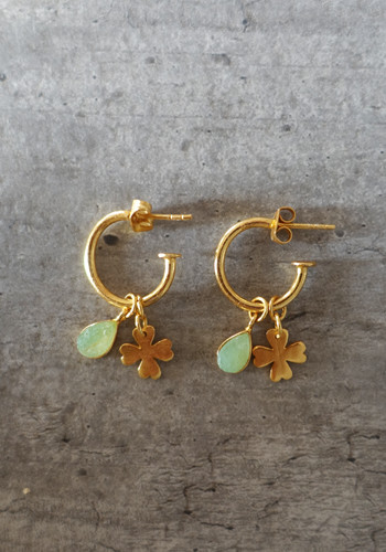 Gold four leaf clover and raw green aventurine earrings