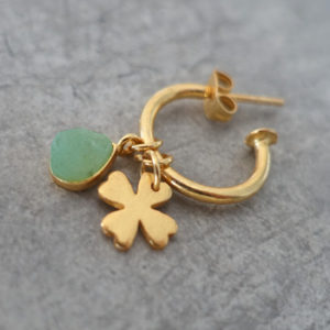 Gold four leaf clover and raw green aventurine earrings