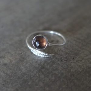 Silver feather ring with smoked quartz