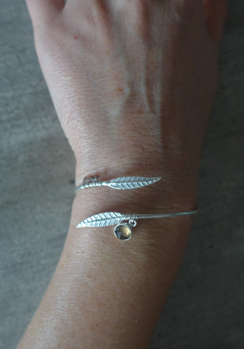 Silver feather bracelet with smoked quartz