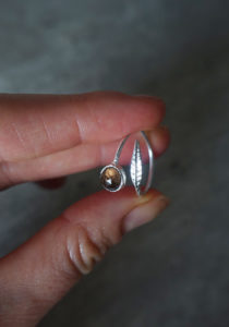 Silver feather ring with smoked quartz
