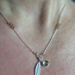 Silver feather necklace with smoked quartz