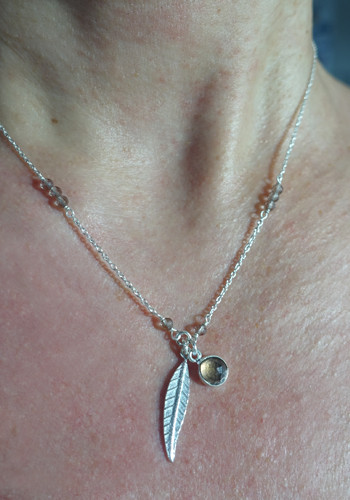 Silver feather necklace with smoked quartz