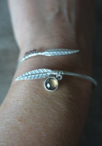 Silver feather bracelet with smoked quartz