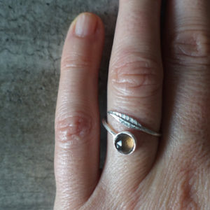 Silver feather ring with smoked quartz